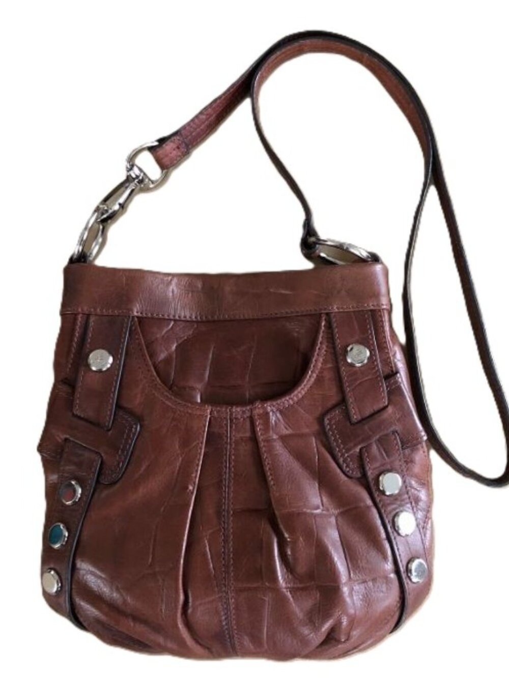 B. Makowsky Crocodile Embossed Brown Leather Crossbody Purse